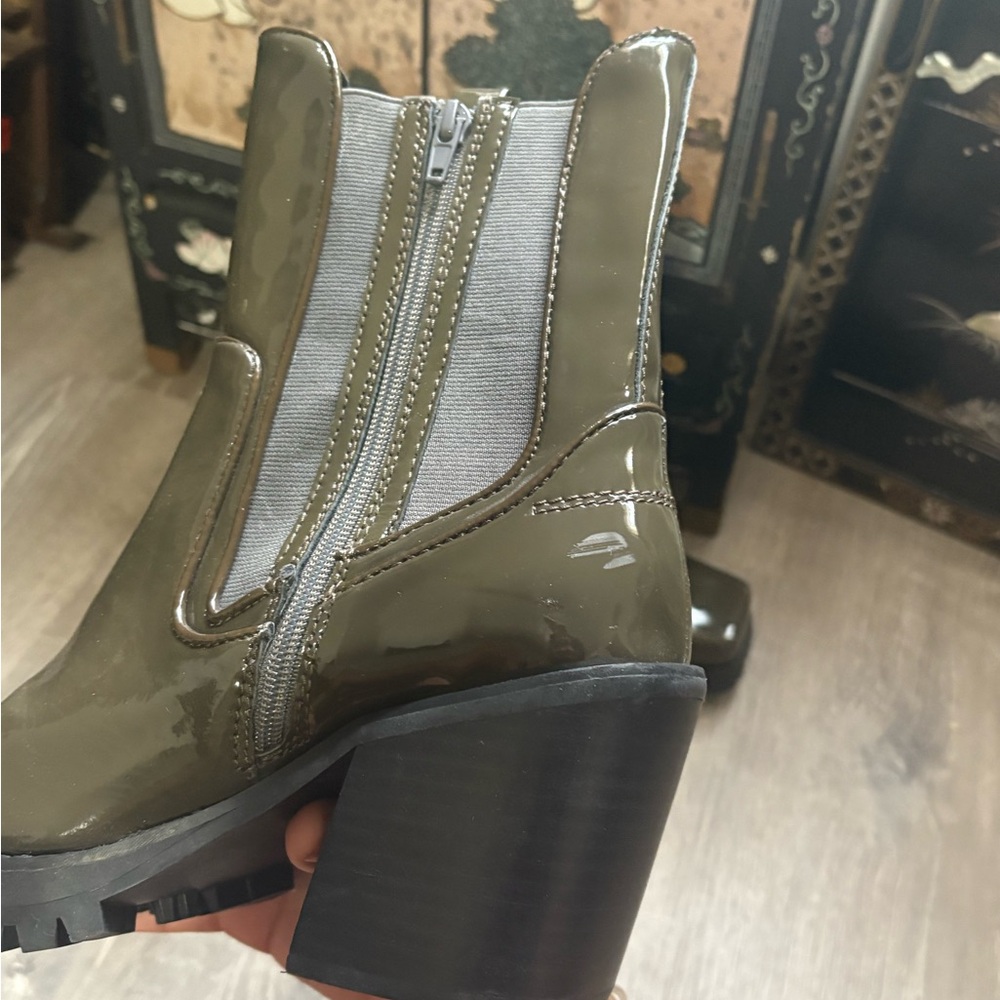 Olive Green Sabine Chelsea Moto Patent Leather Boots - Picture 5 of 10